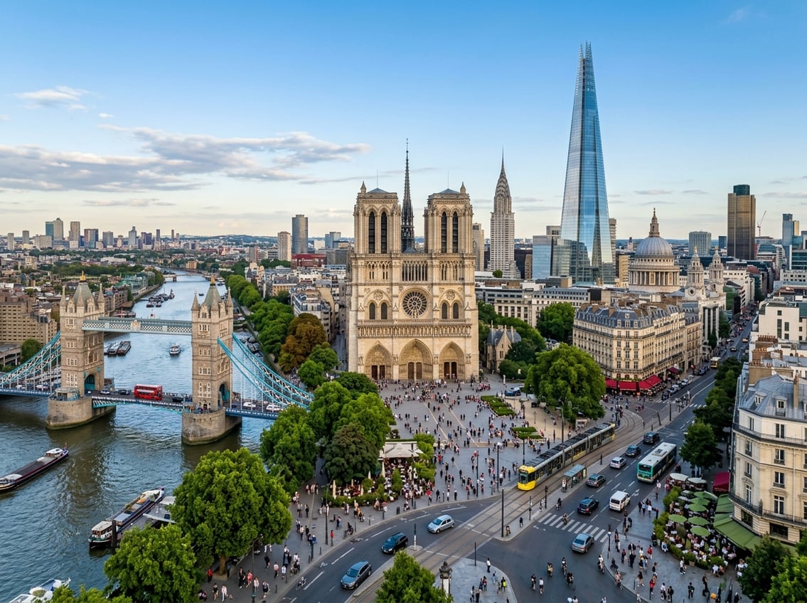 A panoramic cityscape showing famous urban landmarks including skyscrapers, a historic bridge, a cathedral, and a busy city square with people.