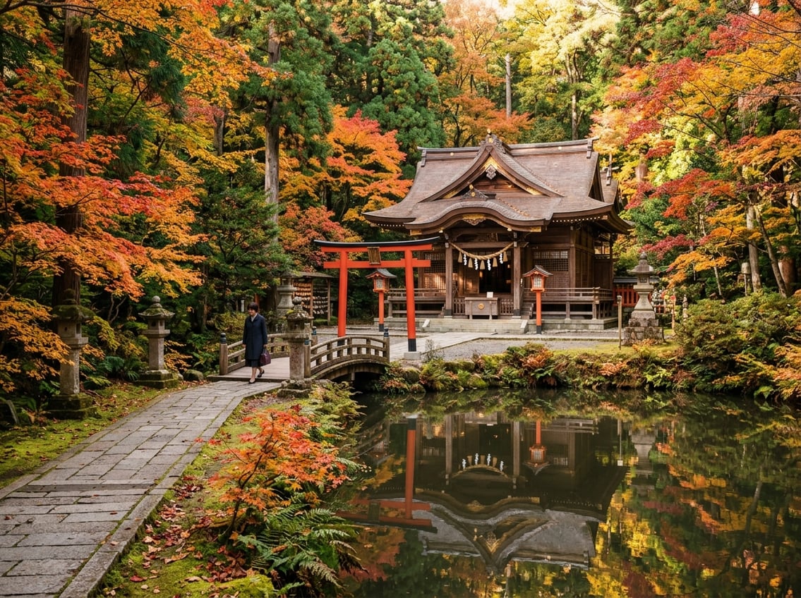 A traditional Japanese shrine surrounded by colorful autumn trees beside a calm reflective pond.