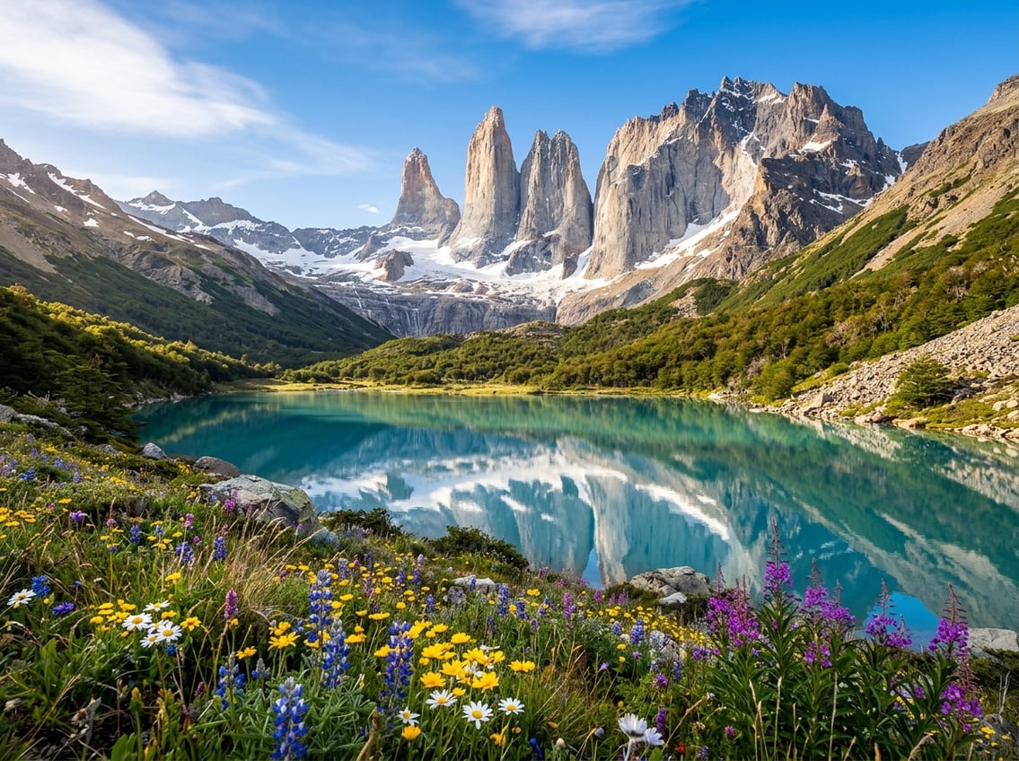 A stunning view of tall snow-capped mountains with a clear blue sky, a green meadow with wildflowers, and a calm mountain lake reflecting the peaks.