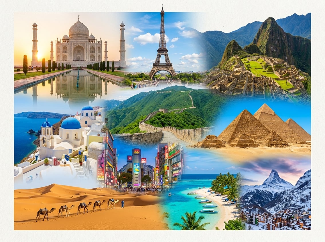 A collage of ten famous world landmarks including the Eiffel Tower, Great Wall of China, Taj Mahal, Santorini streets, Sahara Desert, Machu Picchu, Bali beach, Tokyo cityscape, Egyptian pyramids, and Swiss Alps.