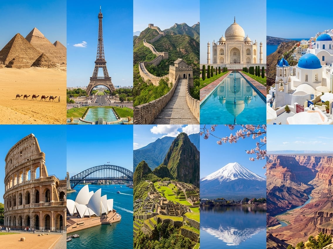 A collage of ten famous world landmarks including the Eiffel Tower, Great Wall of China, Taj Mahal, Grand Canyon, and others, shown under clear skies.