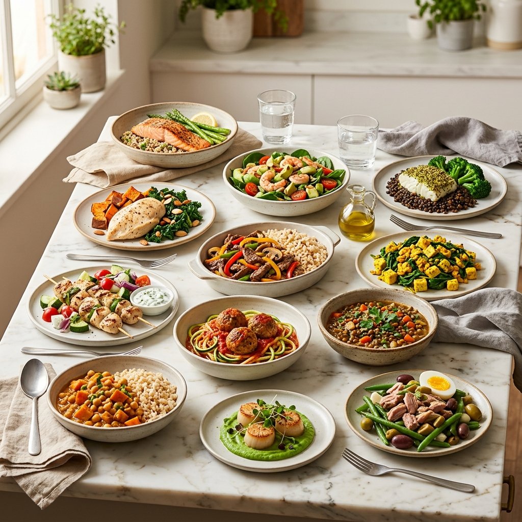 A variety of plated high-protein meals arranged on a white marble surface with warm natural light highlighting the fresh ingredients.