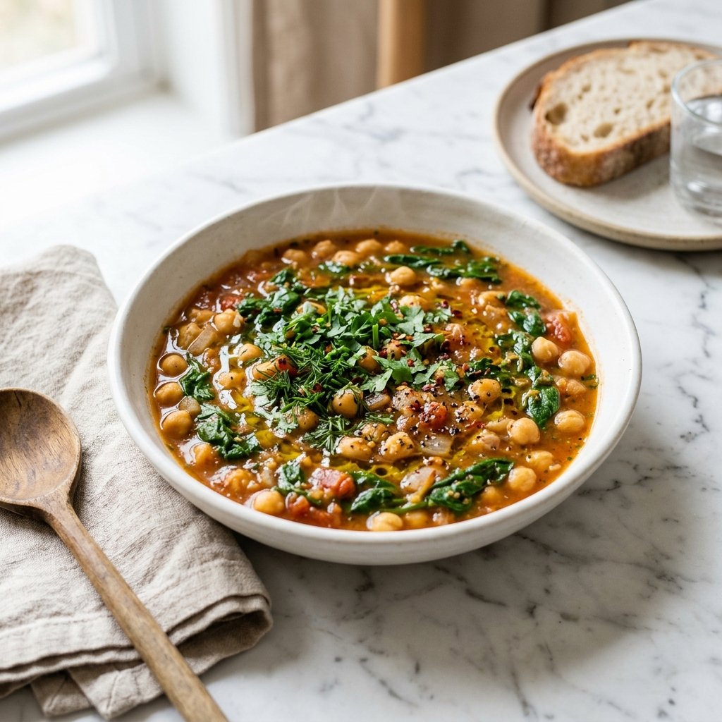 A bowl of Mediterranean chickpea and spinach stew on a white marble surface with a wooden spoon and linen napkin nearby.