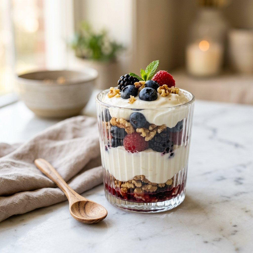 A glass parfait with layers of Greek yogurt, fresh berries, and walnuts on a white marble surface with a wooden spoon and linen napkin nearby.