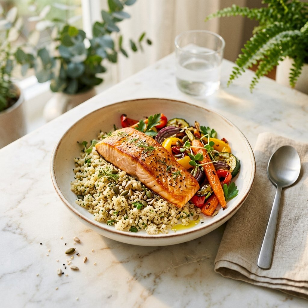 A bowl containing salmon, quinoa, and roasted vegetables placed on a white marble surface with natural lighting.