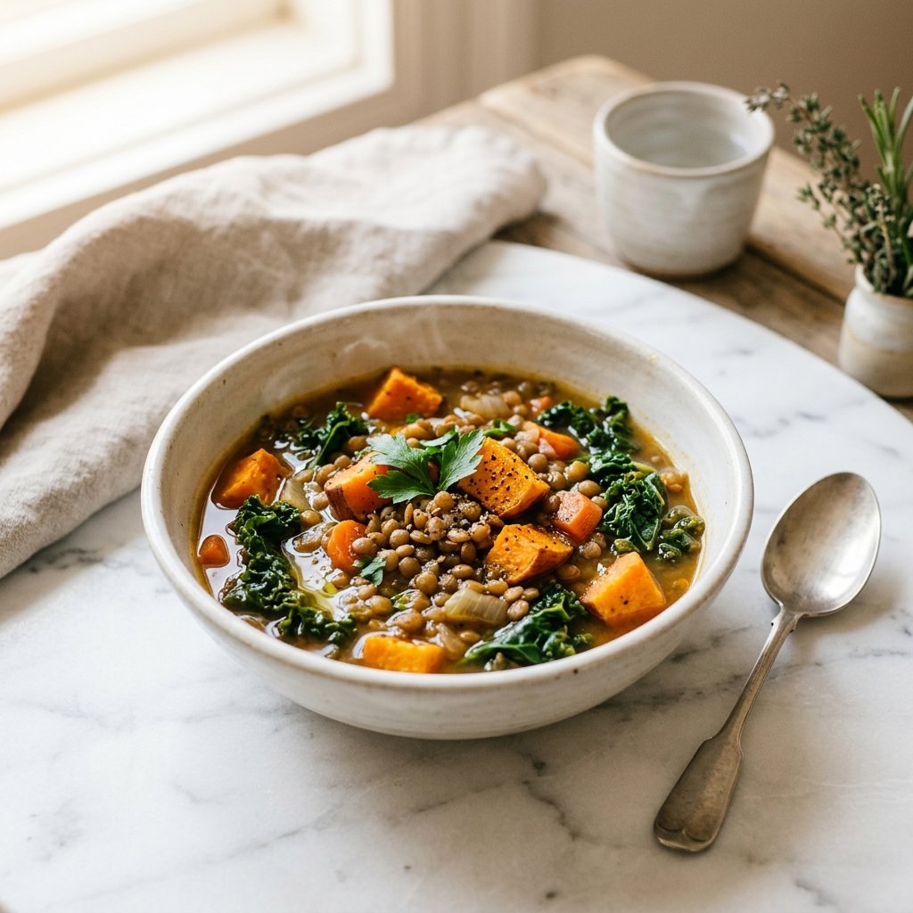 A bowl of lentil, sweet potato, and kale stew on a white marble surface, with warm natural lighting highlighting the vibrant ingredients.