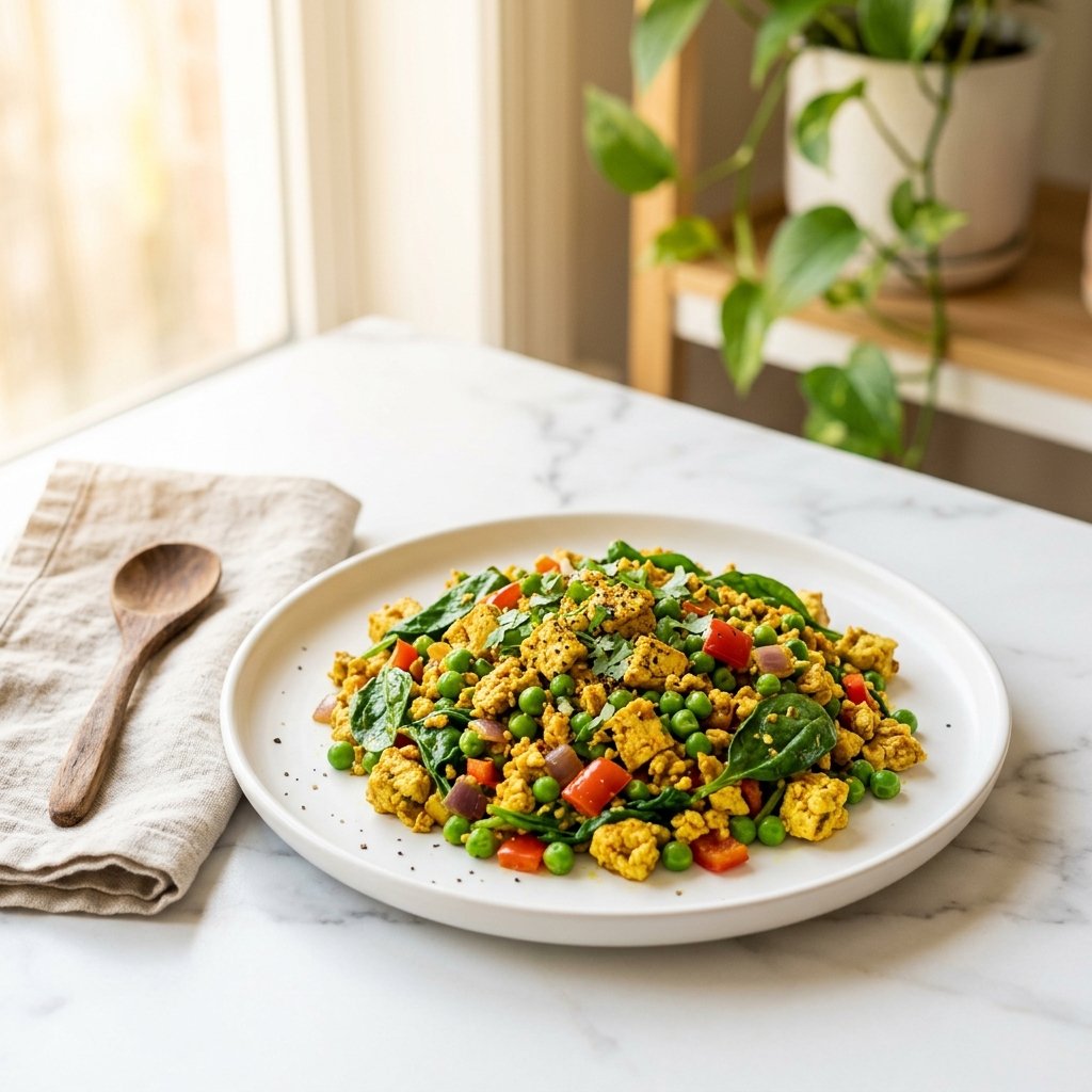 A plate of tofu scramble with turmeric, peas, and spinach on a white marble surface with a wooden spoon nearby.