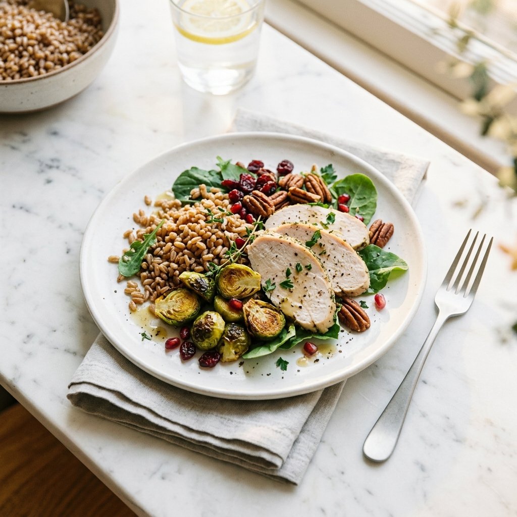 A plate of turkey, farro, and roasted Brussels sprouts salad on a white marble surface with a fork and linen napkin nearby.