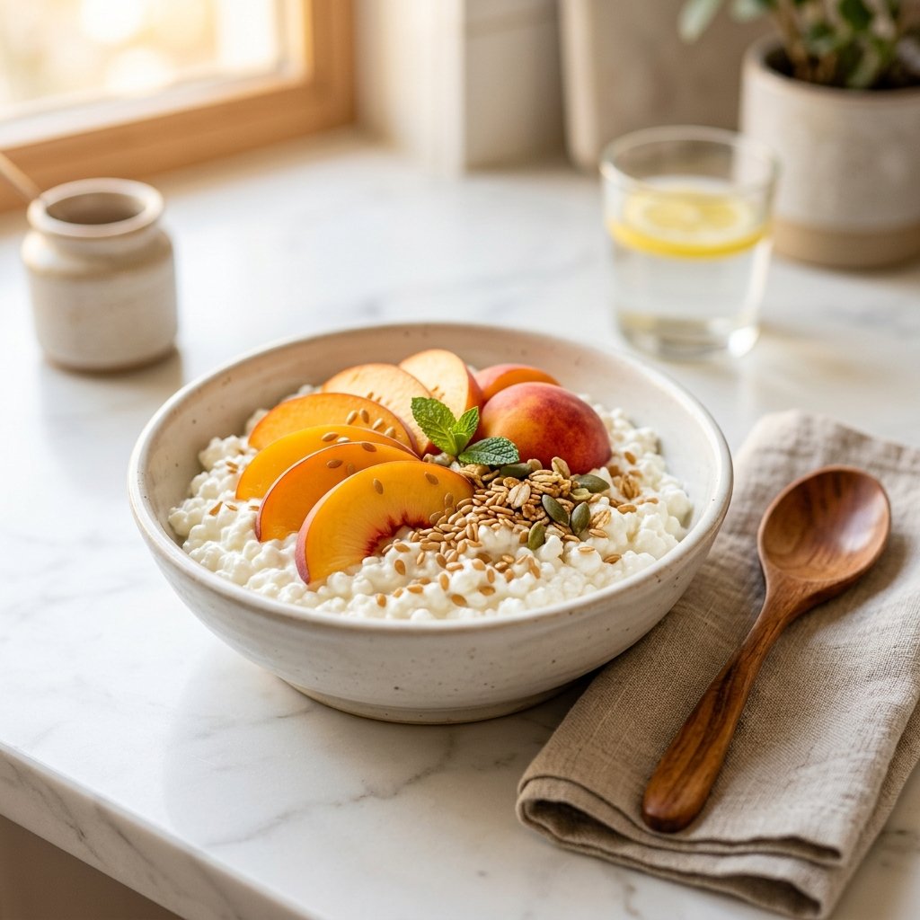 A bowl of cottage cheese topped with peach slices and flaxseeds on a white marble surface with a wooden spoon and linen napkin nearby.