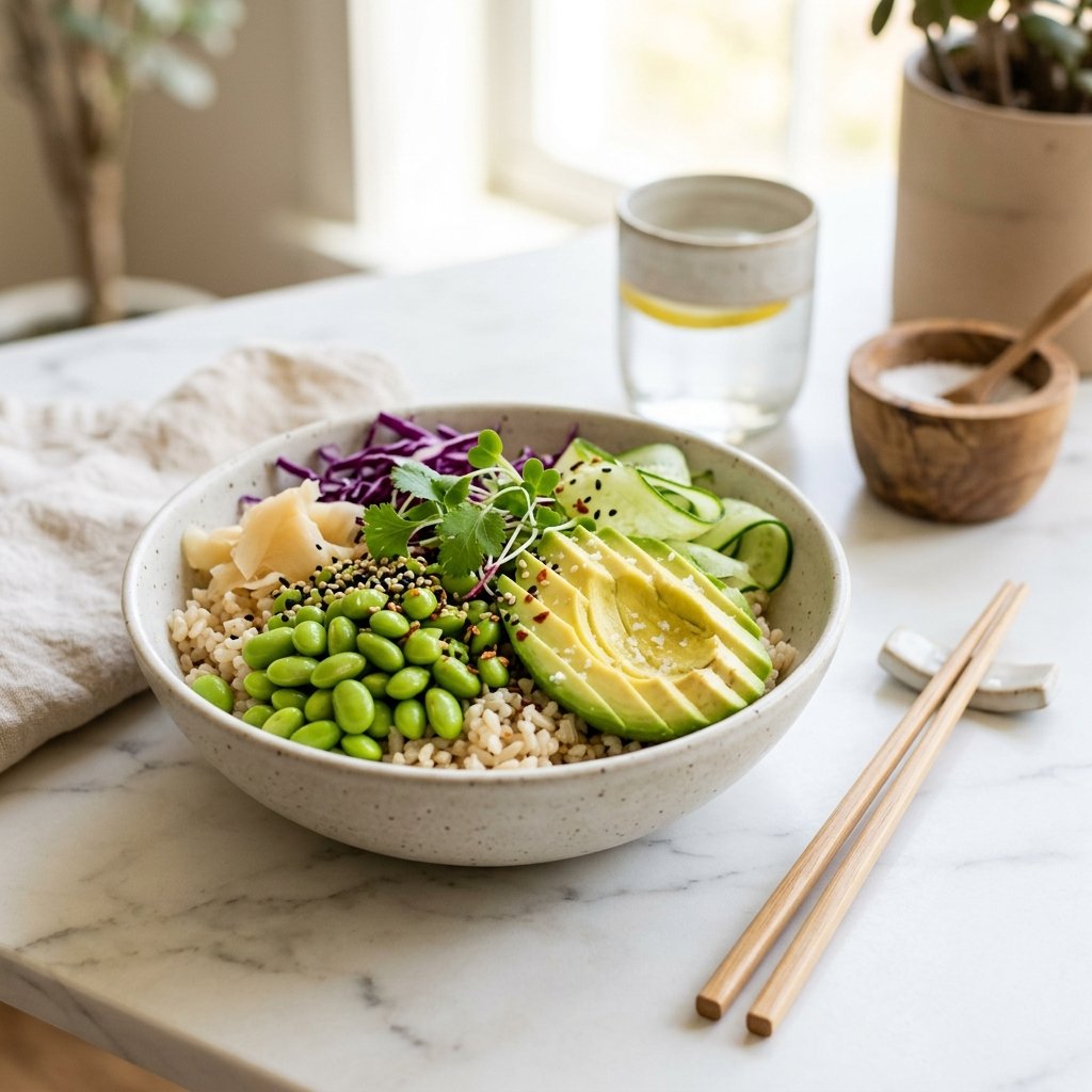 A bowl of edamame, brown rice, and avocado sushi with sesame seeds and microgreens on a white marble surface with wooden chopsticks beside it.