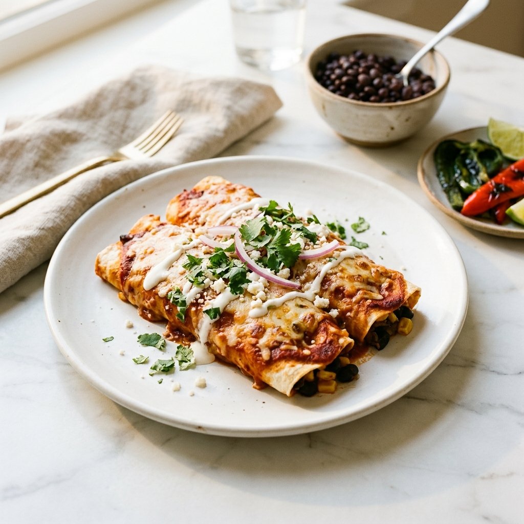 A plate of black bean, corn, and roasted pepper enchiladas garnished with cilantro on a white marble surface with a small bowl of black beans nearby.