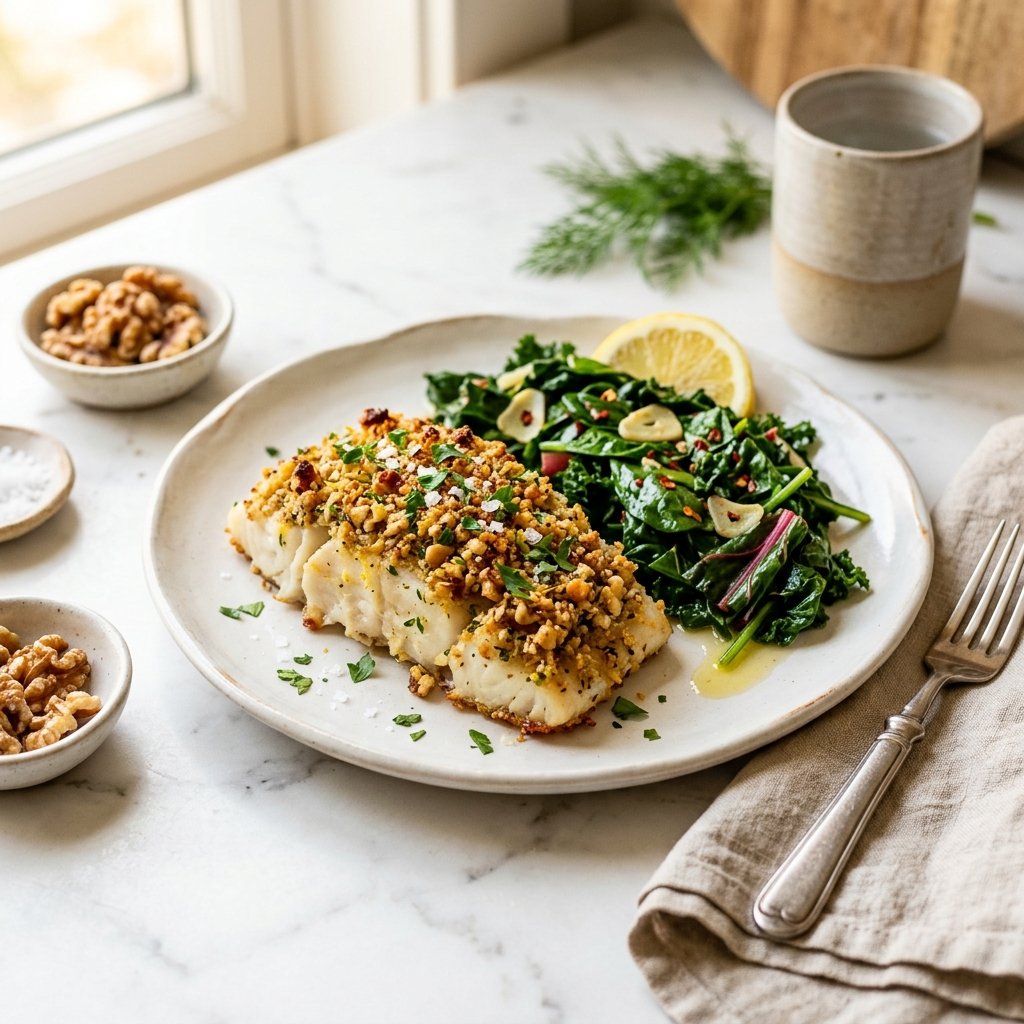 A plated walnut-crusted cod fillet with lemon-garlic greens on a white marble surface.