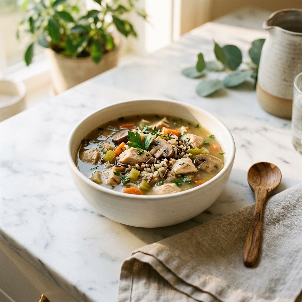 A bowl of chicken, wild rice, and mushroom soup on a white marble surface with a wooden spoon and a linen napkin nearby.