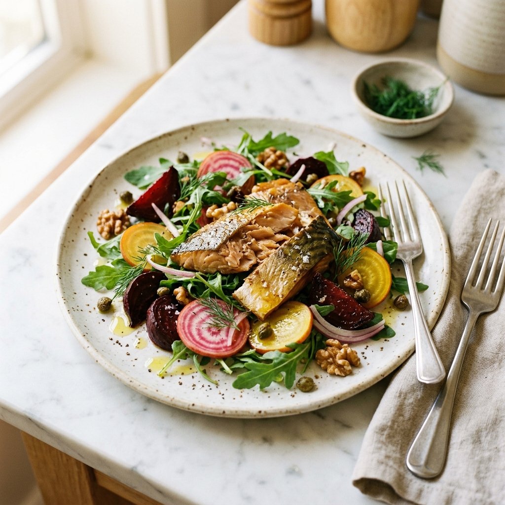 A plate of smoked mackerel, arugula, and beet salad on a white marble surface with natural lighting.