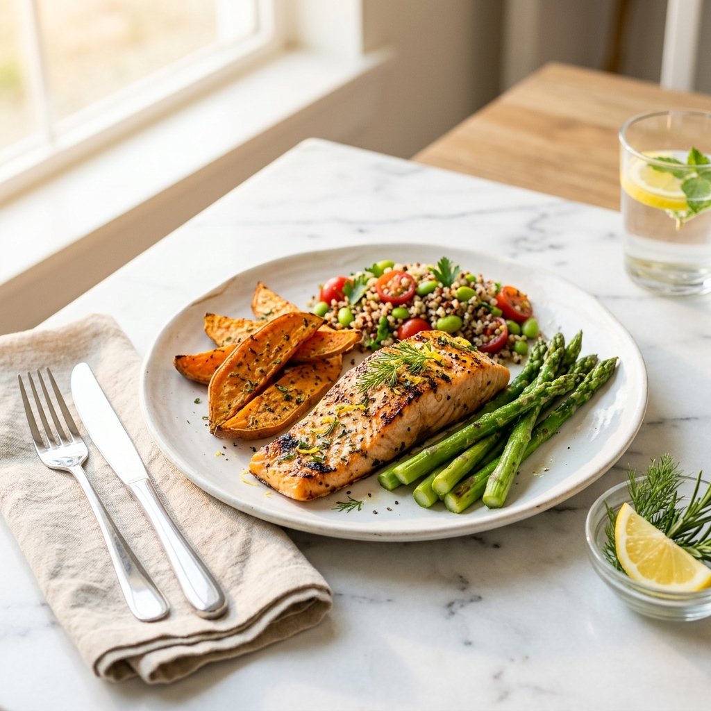A plated high-protein meal with grilled salmon, steamed asparagus, roasted sweet potatoes, and quinoa on a white plate on a marble surface.