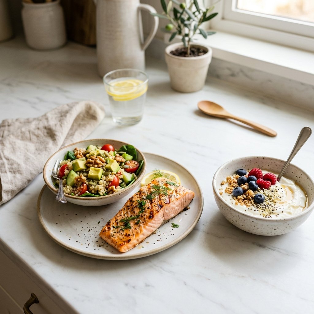 A variety of plated high-protein meals including grilled salmon, quinoa salad, and yogurt with berries arranged on a white marble surface.