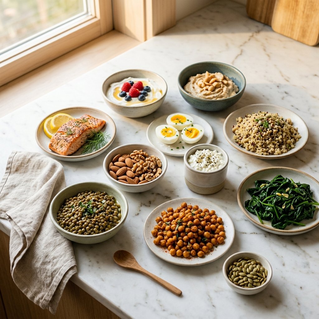 A bright and clean arrangement of various high-protein foods including salmon, eggs, yogurt, nuts, lentils, and leafy greens displayed on a white marble surface.