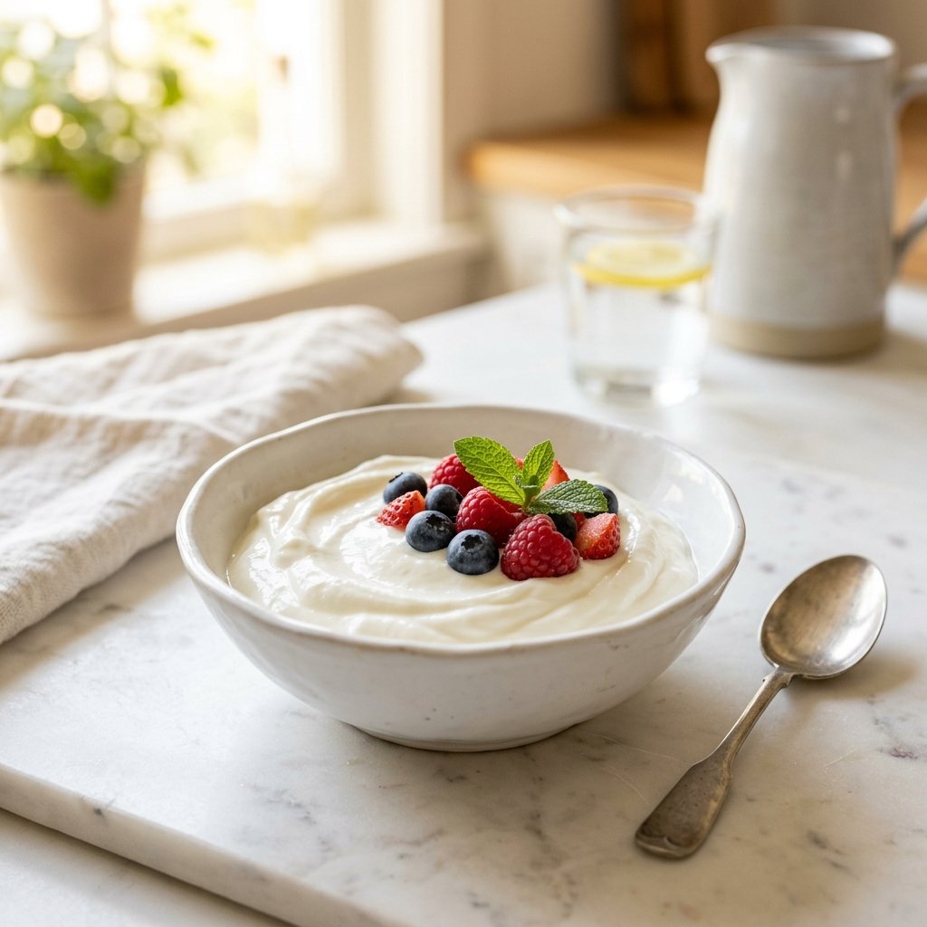 A bowl of plain Greek yogurt garnished with fresh berries and mint on a white marble surface.