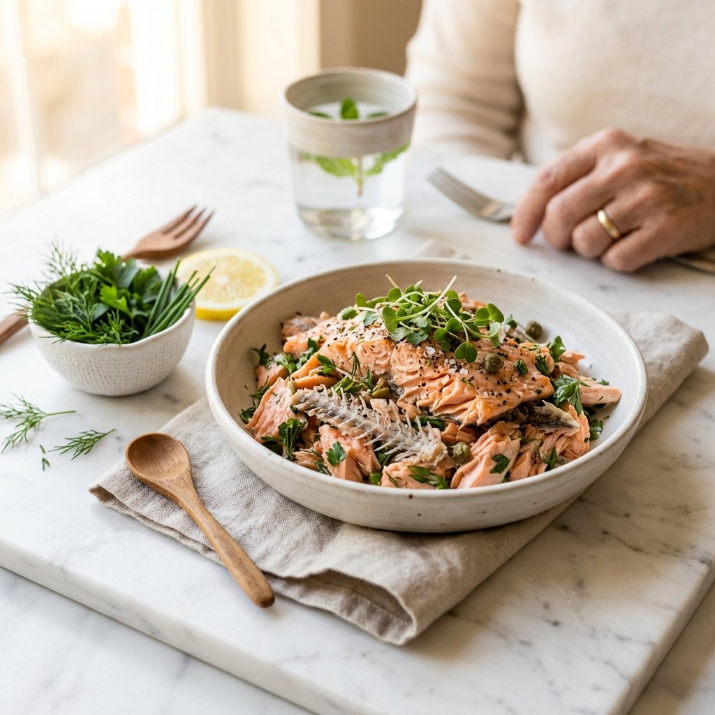 A plated serving of canned salmon with bones on a white marble surface, accompanied by a lemon wedge and fresh herbs.