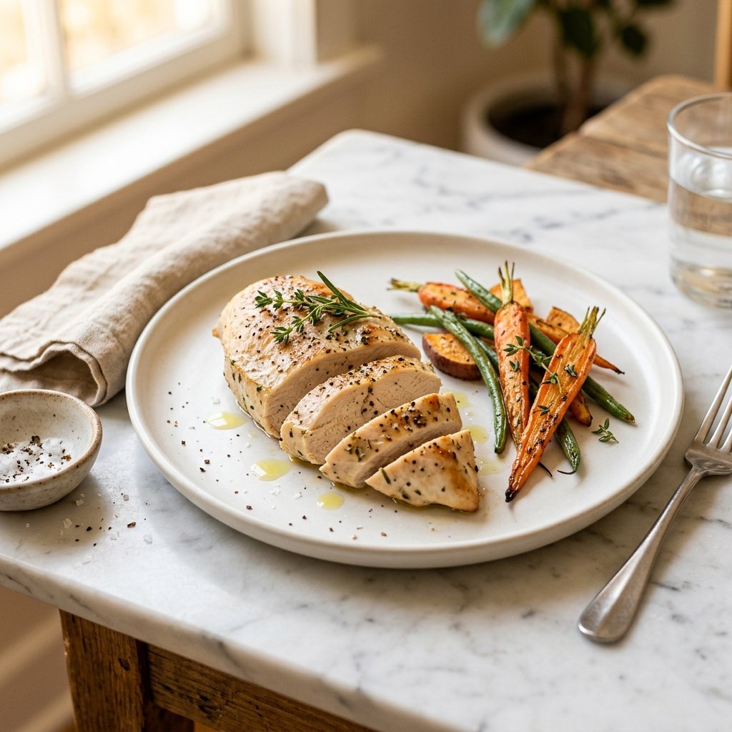 A plated skinless chicken breast sliced on a white marble surface with roasted vegetables and a sprig of fresh herbs.
