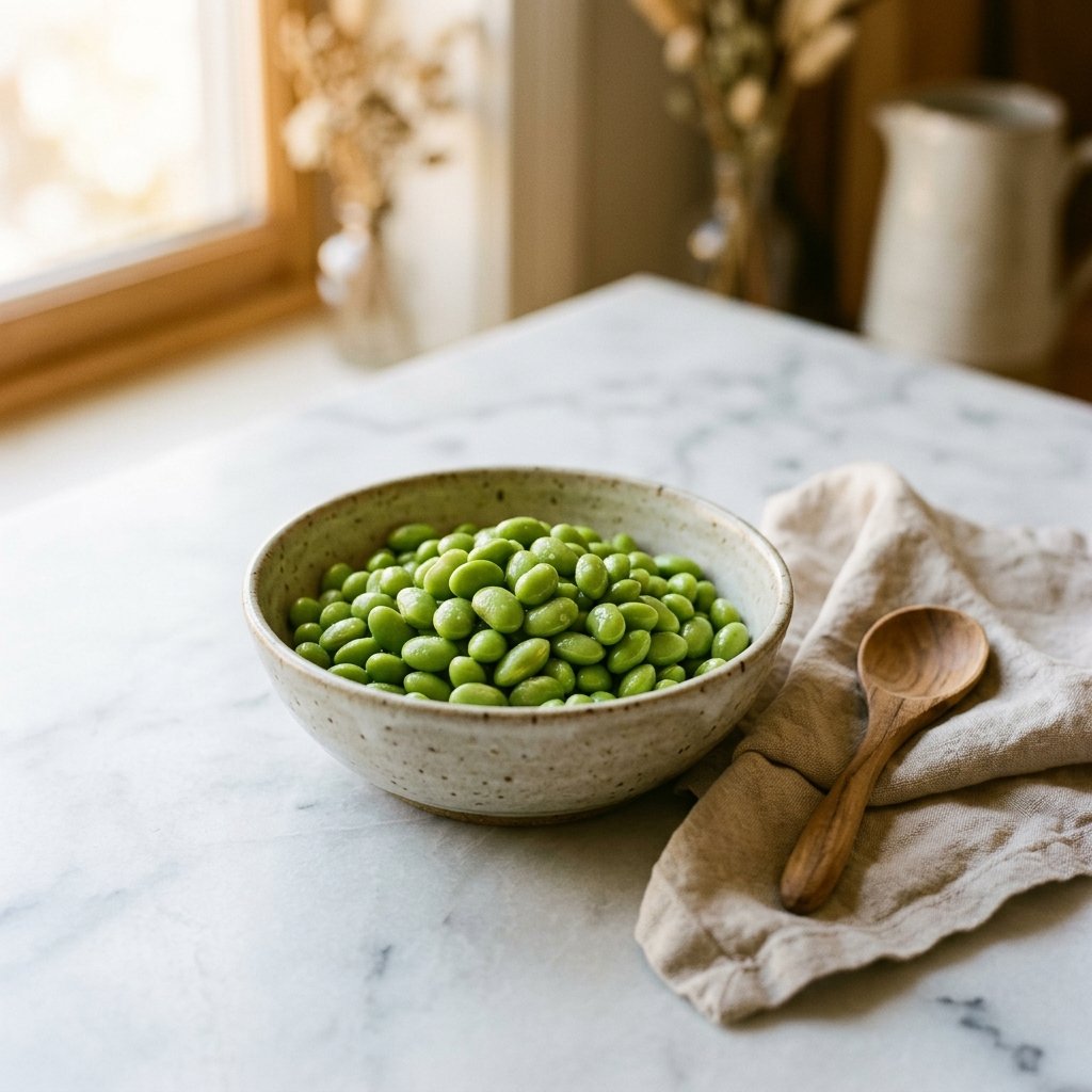 A bowl of shelled edamame beans on a white marble surface with a wooden spoon and linen napkin nearby.