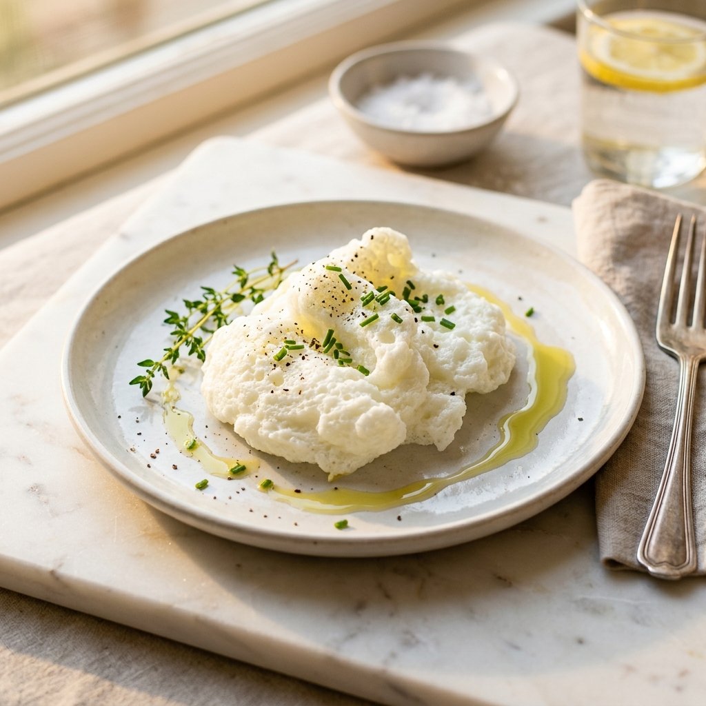Close-up of plated egg whites on a white marble surface with a small herb garnish, lit by warm natural light.