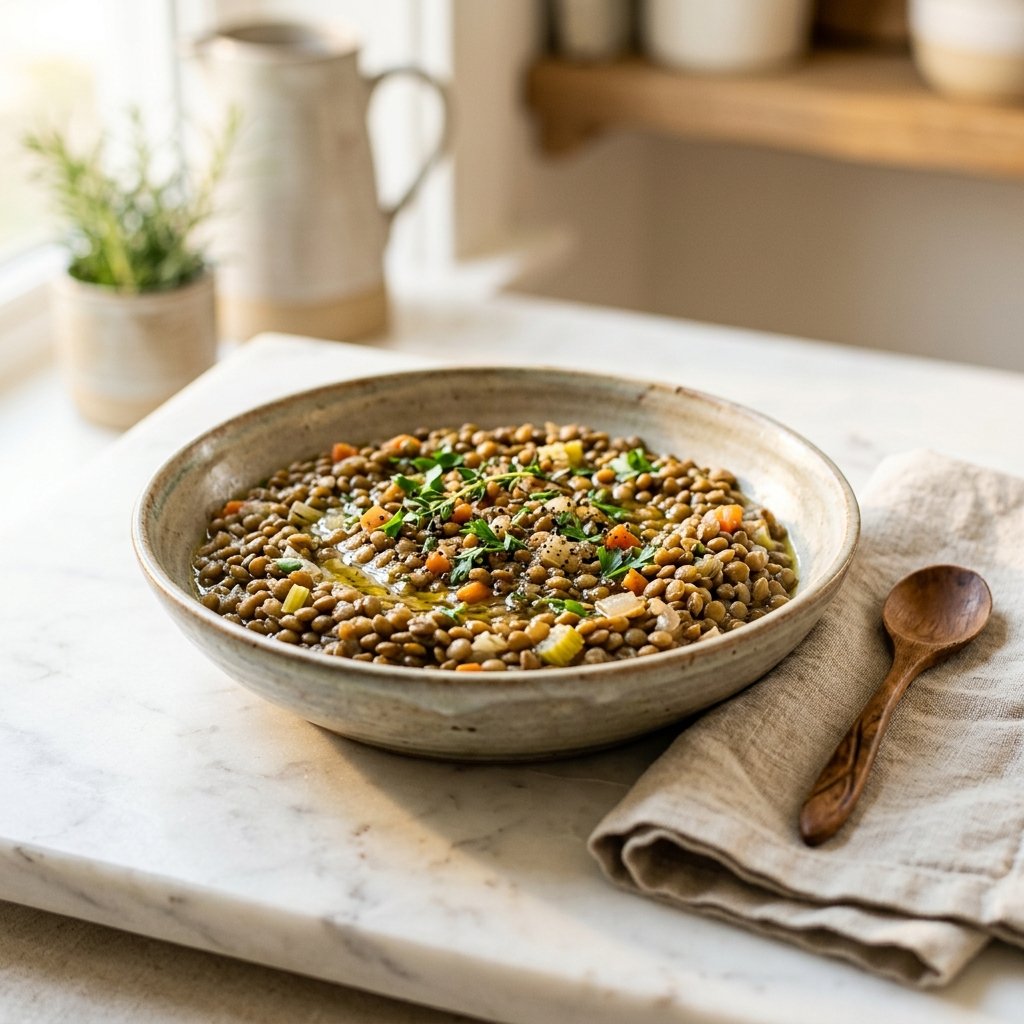 A bowl of cooked lentils on a white marble surface with a wooden spoon and a neutral-colored napkin nearby.