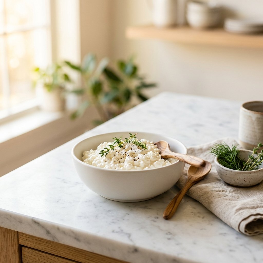A bowl of low-fat cottage cheese on a white marble surface with a wooden spoon and fresh herbs.