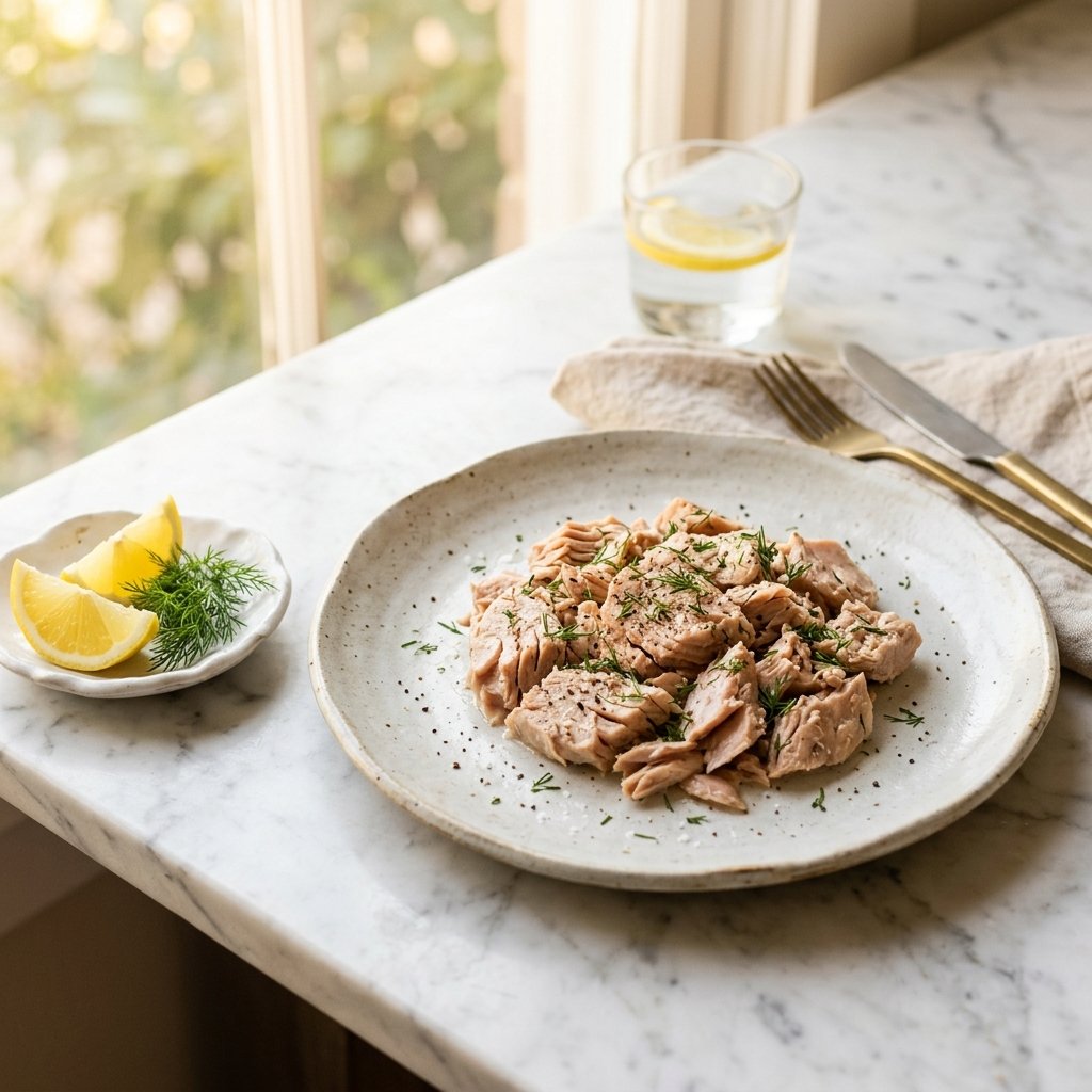 A plated serving of tuna with lemon wedges and herbs on a white marble surface.