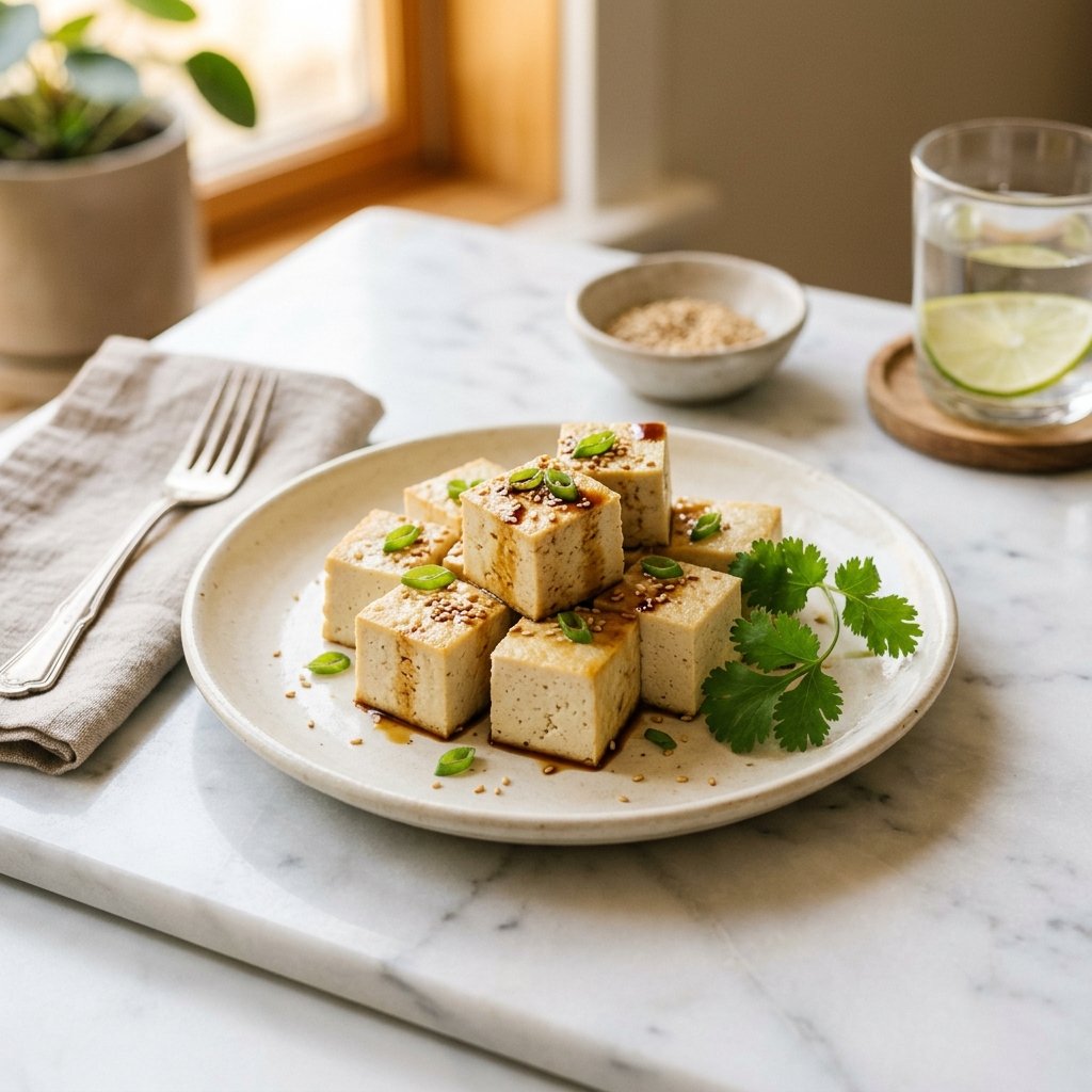 A plate of firm tofu garnished with fresh herbs and soy sauce on a white marble surface.