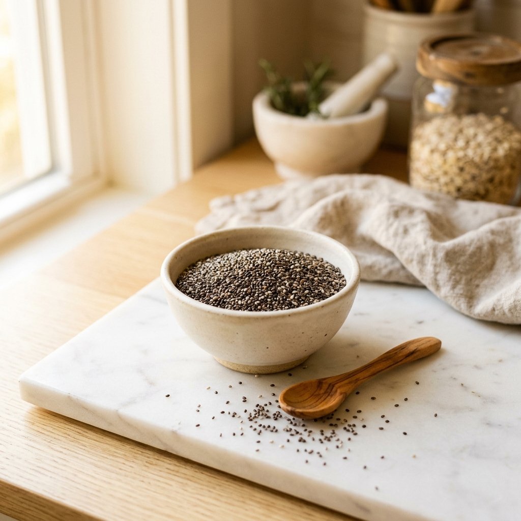 A bowl of chia seeds on a white marble surface with a wooden spoon and some scattered seeds around it.