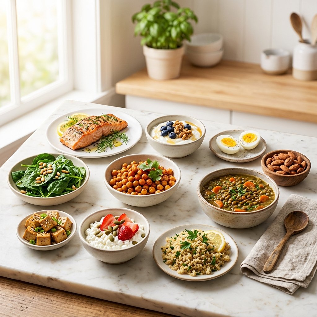 A variety of high protein foods including salmon, eggs, almonds, lentils, quinoa, yogurt, tofu, chickpeas, and spinach arranged on a white marble surface.