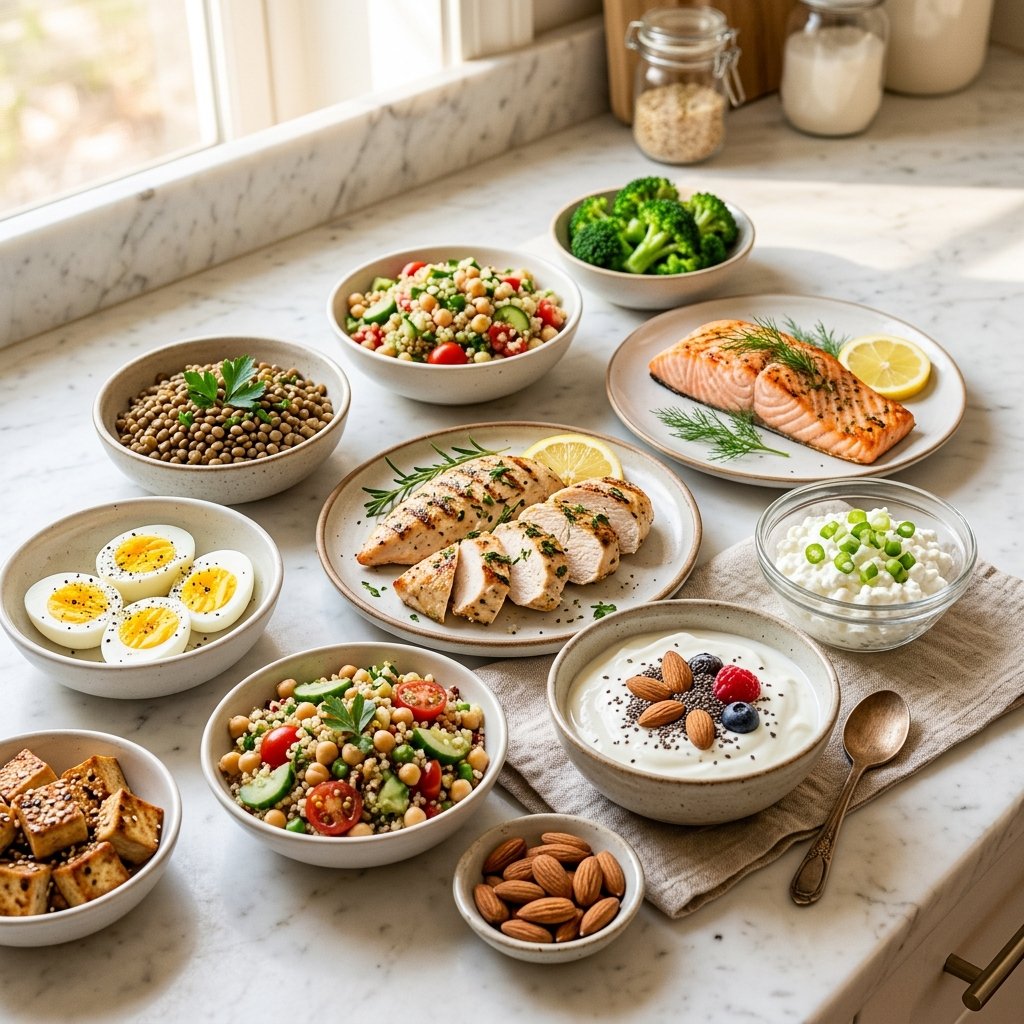 A variety of high protein foods including grilled chicken, salmon, eggs, yogurt, nuts, lentils, quinoa, tofu, and broccoli arranged on a white marble surface.