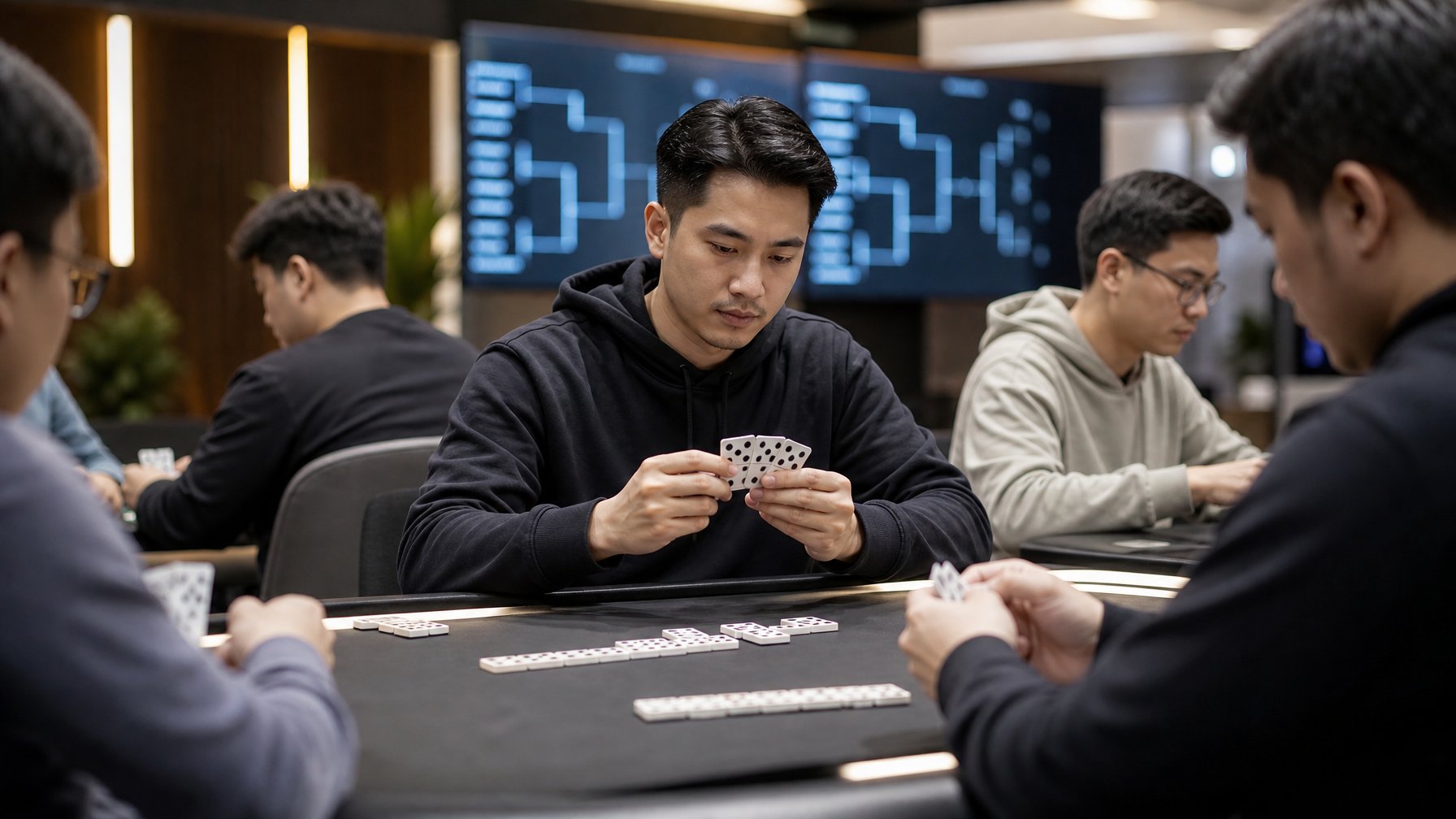Seorang pria muda fokus bermain permainan kartu domino Ceme di meja permainan dengan beberapa pemain lain di sekitar dalam suasana turnamen.