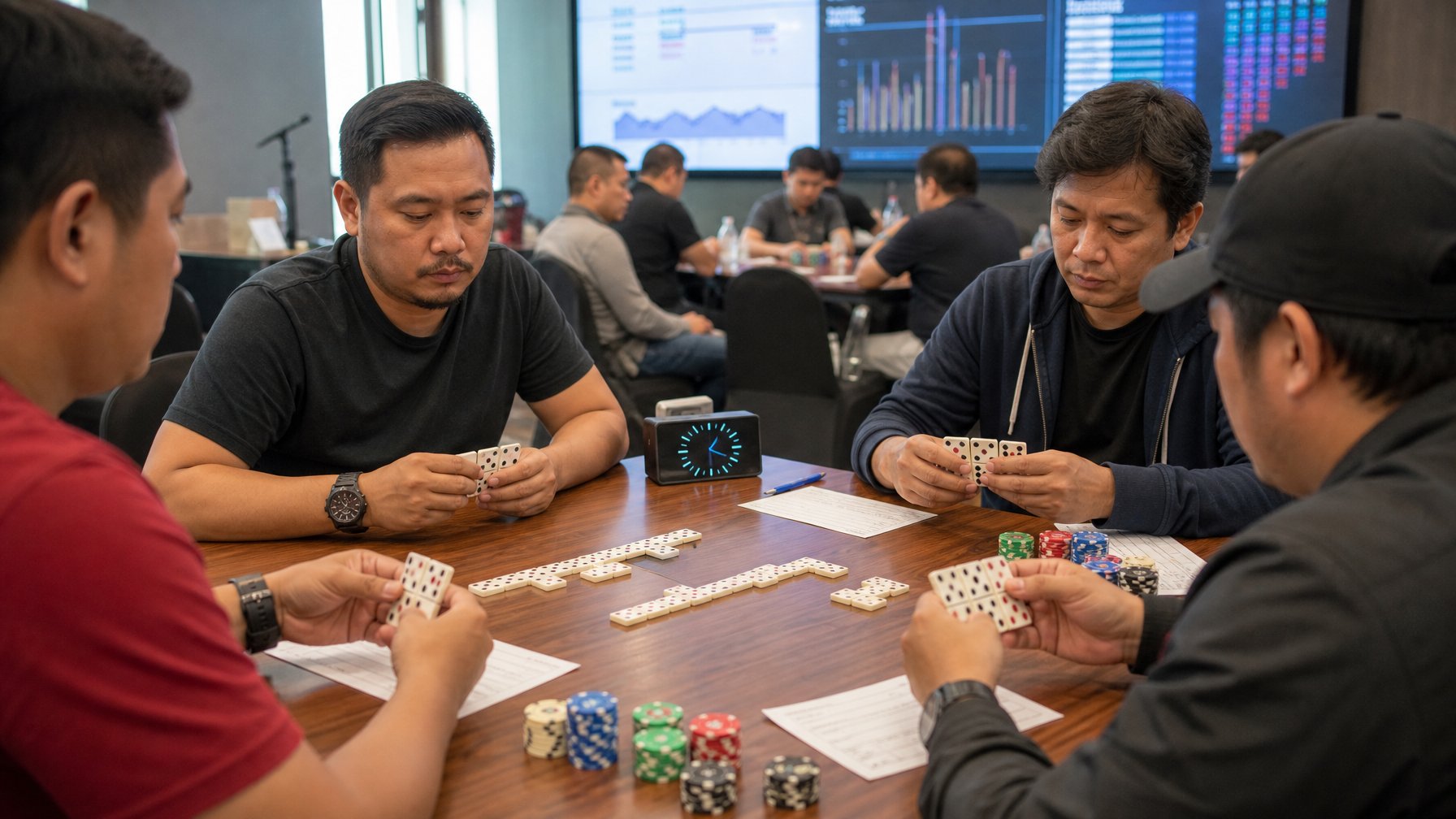 Sekelompok pemain yang serius bermain kartu domino Ceme di meja kayu dengan papan skor dan alat penilaian di latar belakang.
