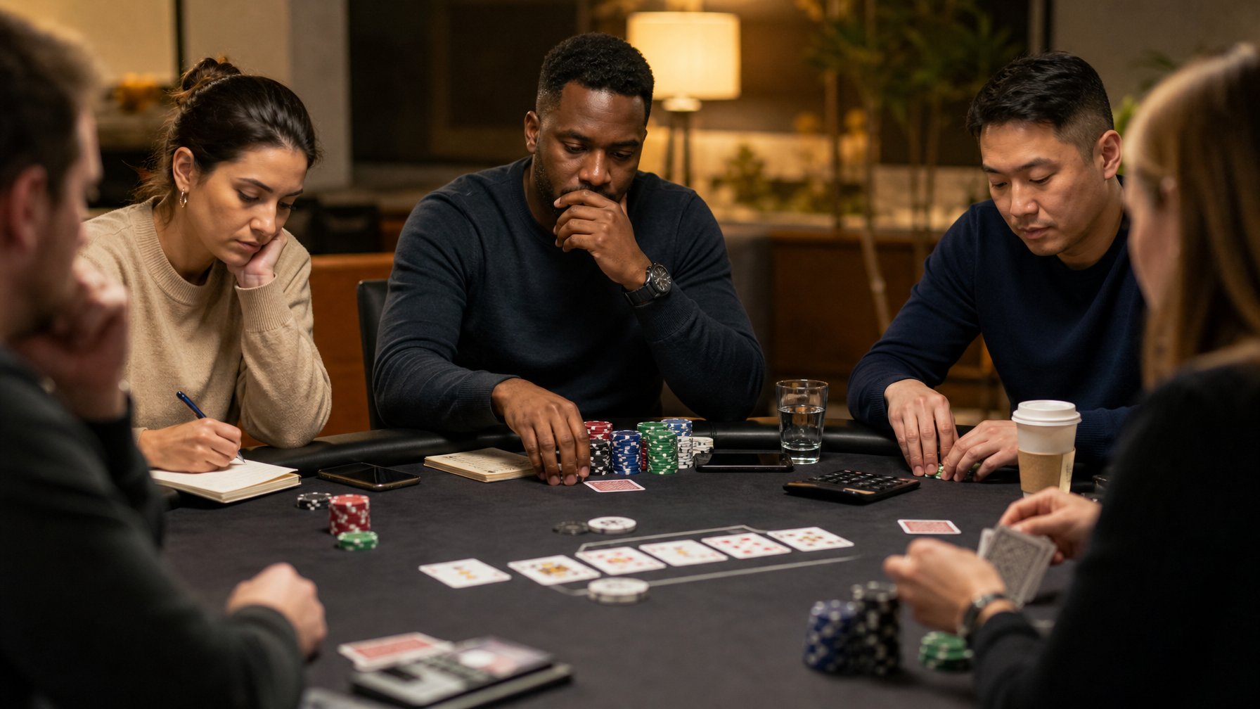 Sekelompok orang sedang bermain kartu Ceme dengan serius di meja poker, menghitung chip dan merencanakan strategi secara bertanggung jawab.