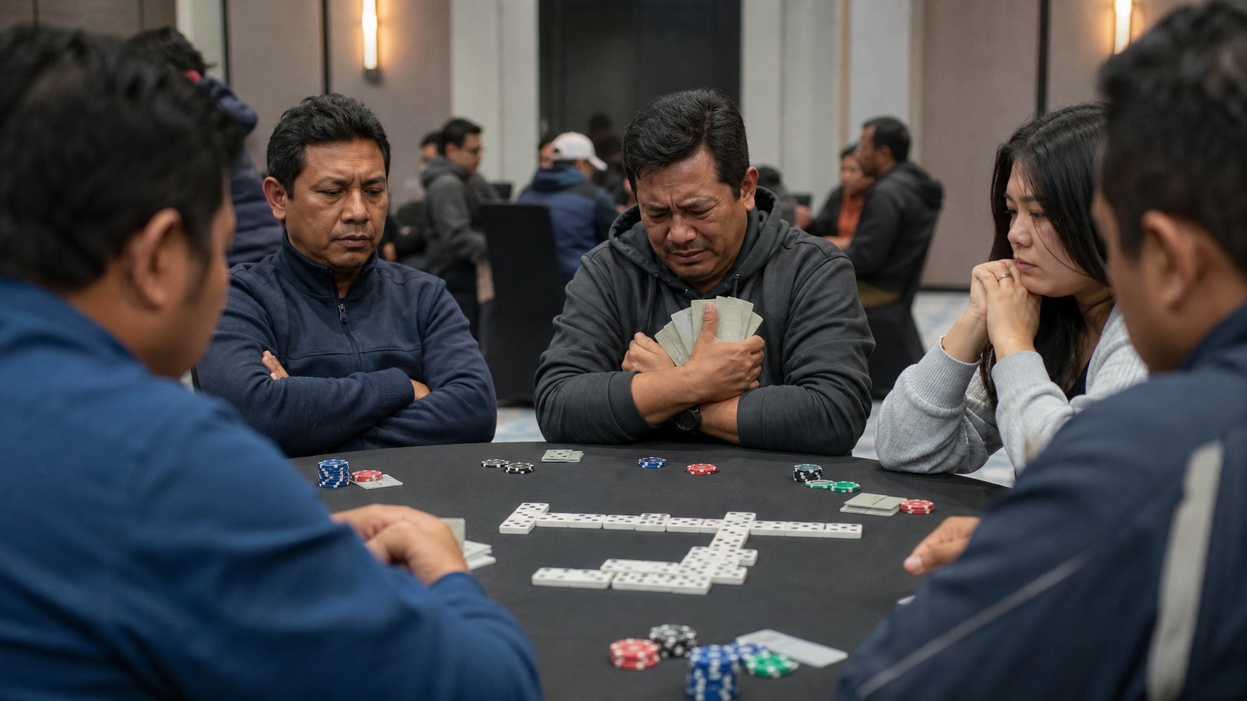 Beberapa orang sedang bermain kartu domino Ceme di sebuah meja, dengan satu pemain terlihat kecewa dan frustrasi.