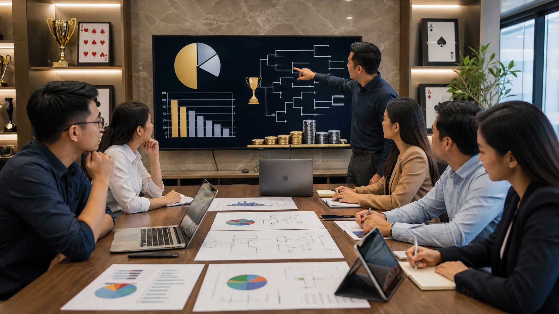 Sekelompok orang sedang berdiskusi serius di ruang kantor dengan laptop dan grafik turnamen di layar.