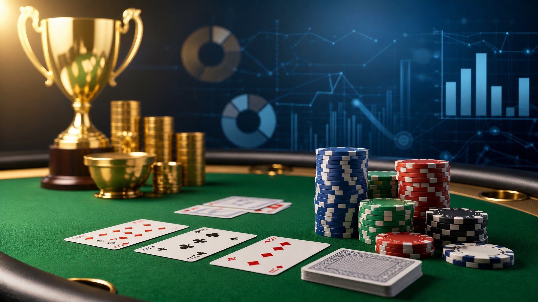 Meja permainan Ceme dengan kartu dan chip poker tertata rapi, latar belakang menampilkan grafik digital yang menggambarkan struktur kompetisi dan pembagian hadiah.