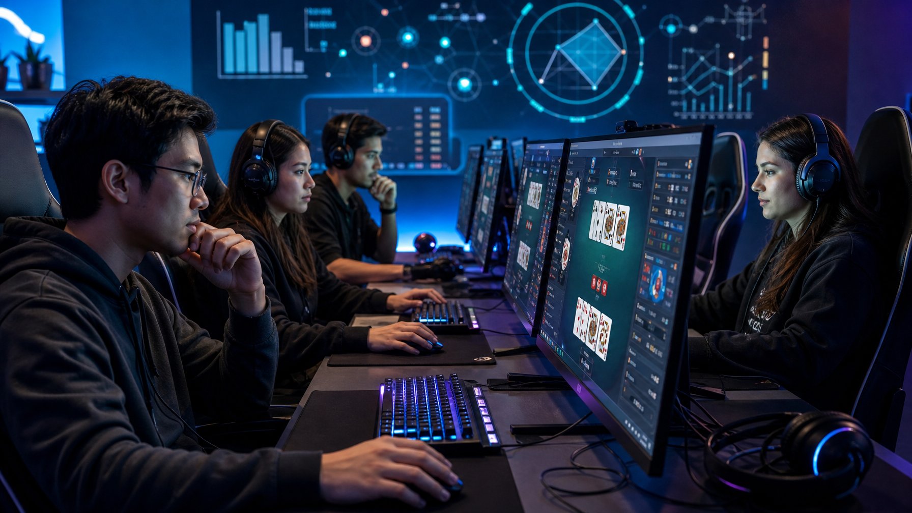 Sekelompok orang fokus bermain turnamen Ceme online di ruang modern dengan komputer dan aksesori gaming.