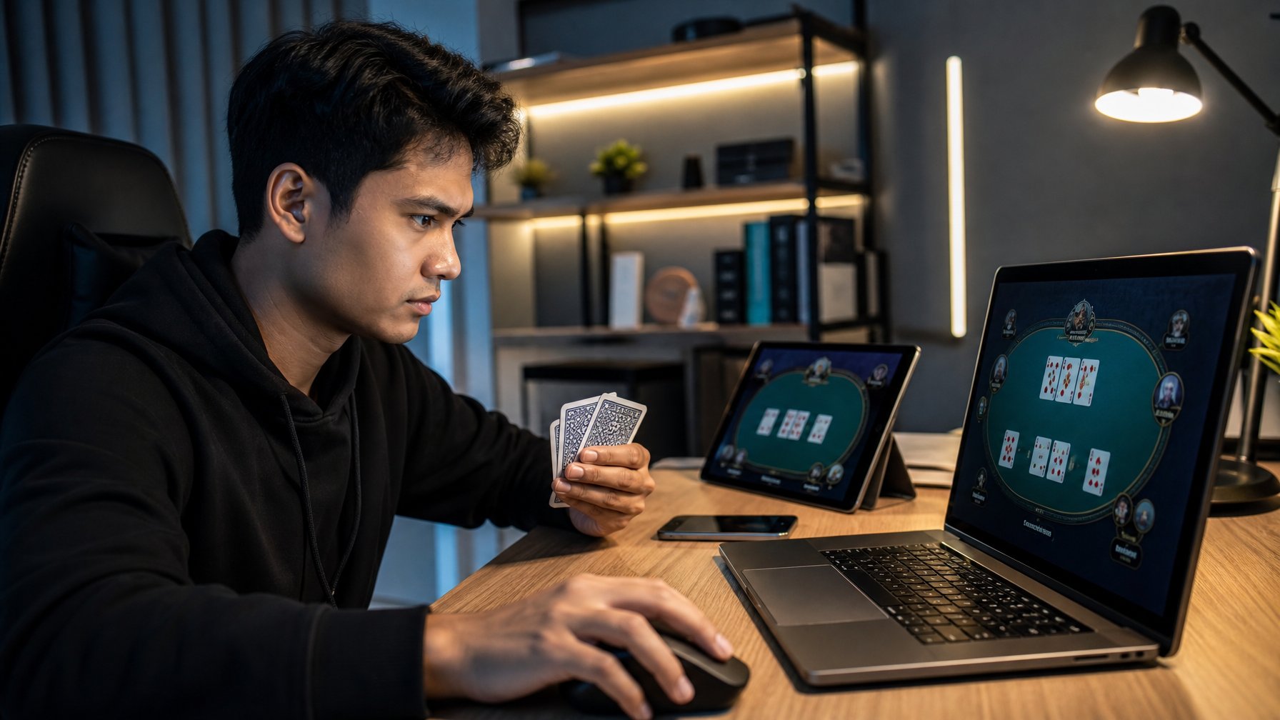 Seorang pria muda fokus bermain game kartu online di depan laptop dengan beberapa perangkat digital di meja.
