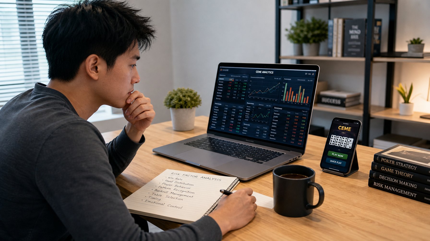 Seorang dewasa muda duduk di meja dengan laptop, memeriksa data dan catatan sebelum mengikuti turnamen Ceme daring.