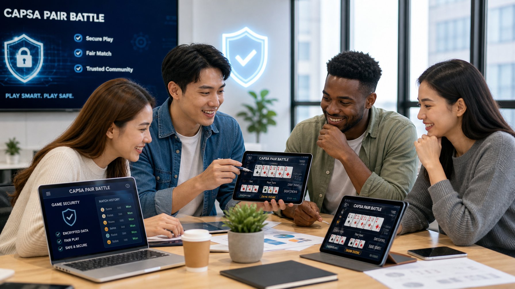 Sekelompok orang muda sedang berdiskusi di sekitar meja dengan perangkat digital yang menampilkan permainan kartu Capsa Pair Battle.