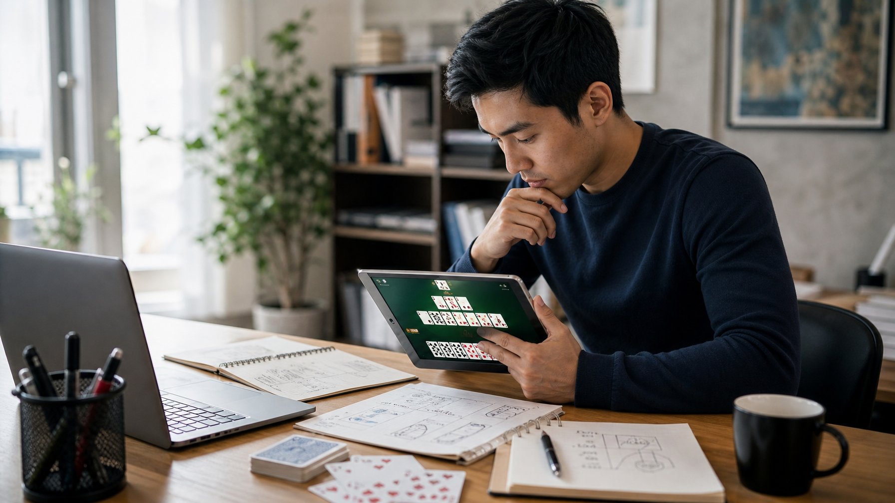 Seorang pria muda yang fokus duduk di meja dengan tablet dan kartu bermain, sedang mempelajari strategi permainan kartu.
