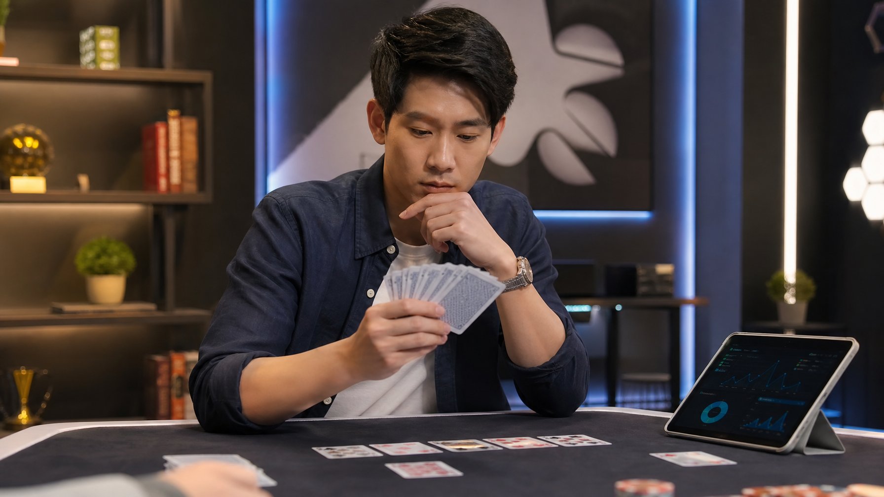 Seorang pemain muda fokus bermain kartu Capsa Pair Battle di meja permainan modern dengan perangkat digital di dekatnya.