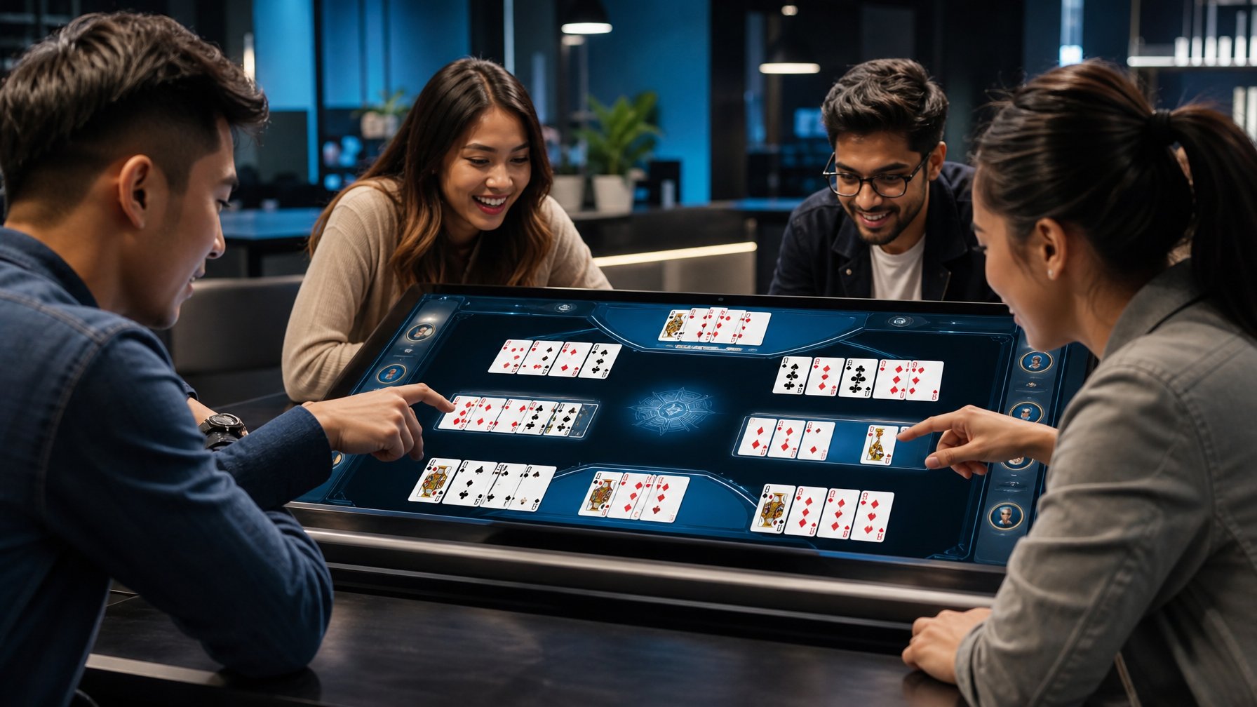 Beberapa orang muda sedang bermain permainan kartu Capsa Pair Battle di sebuah perangkat layar sentuh dalam ruangan modern.