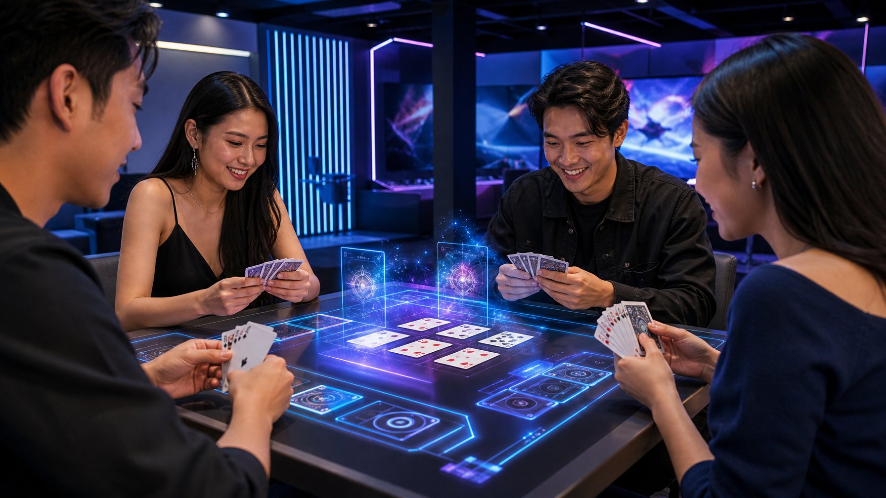 Sekelompok orang muda sedang bermain kartu Capsa Pair Battle dengan fokus dan antusias di meja modern yang terang.