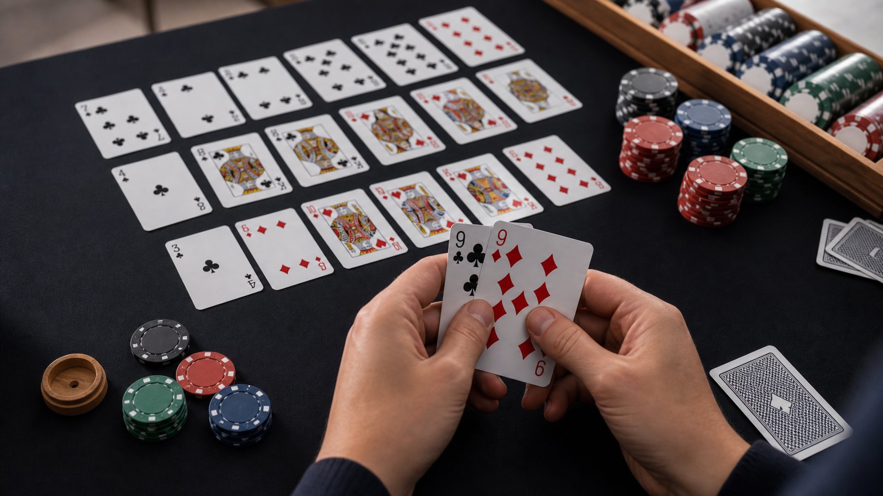 Meja permainan dengan kartu Capsa Pair Battle yang tersusun rapi dan tangan yang sedang memegang kartu, menunjukkan suasana fokus dan strategi.
