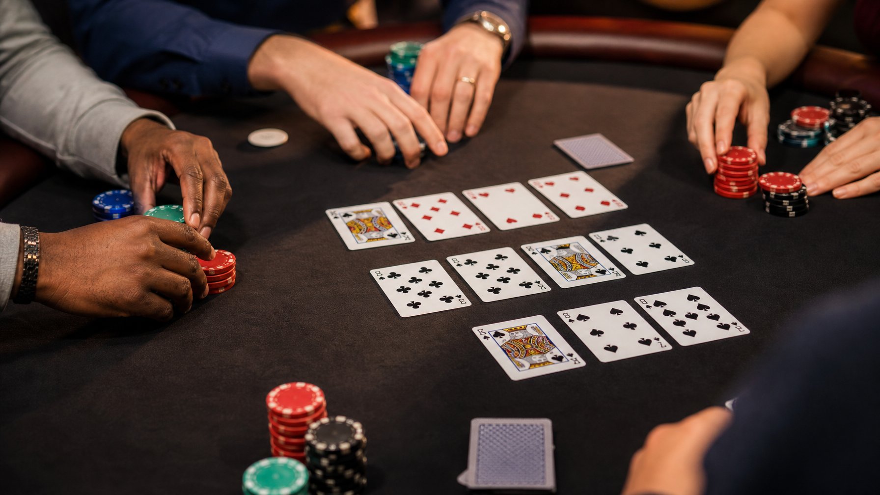 Tampilan dekat meja poker dengan kartu dan chip, pemain sedang bermain Capsa Pair Battle.