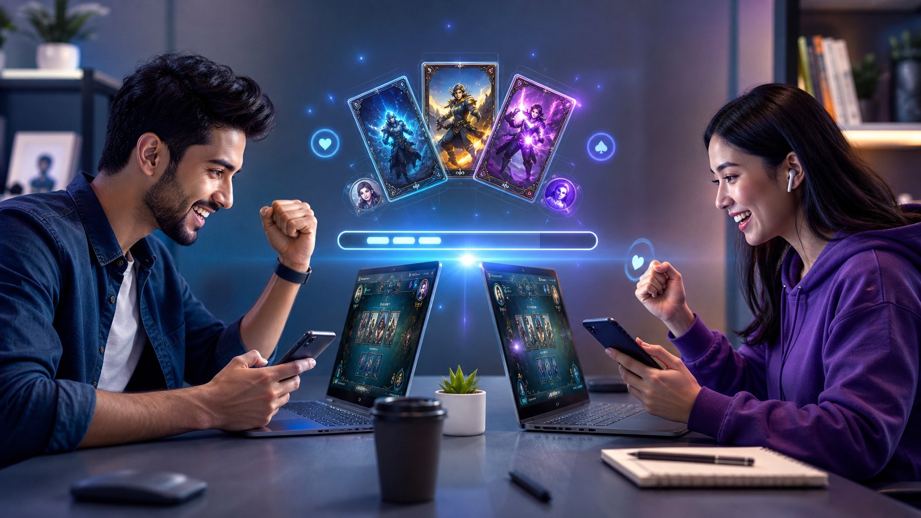 Dua orang muda sedang bermain kartu secara online menggunakan laptop dan ponsel di ruangan yang terang dan modern.